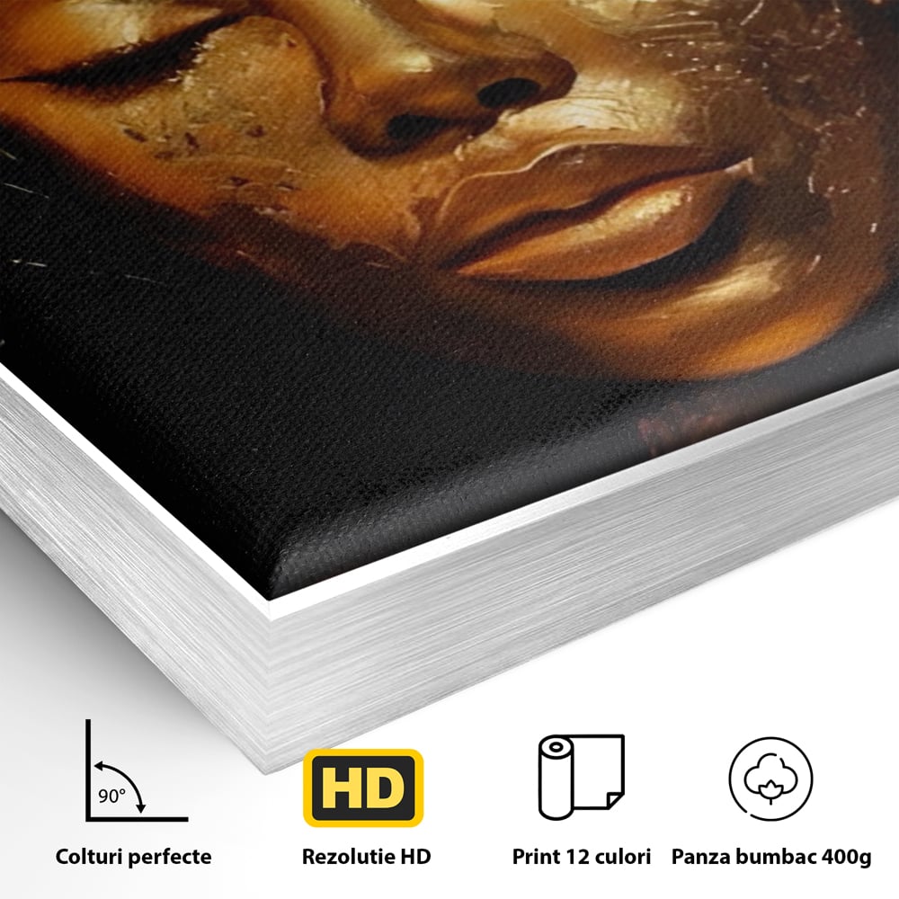 Detaliu al suprafetei: tablou canvas cu femeie africana aurie, in rama de aluminiu argintiu
